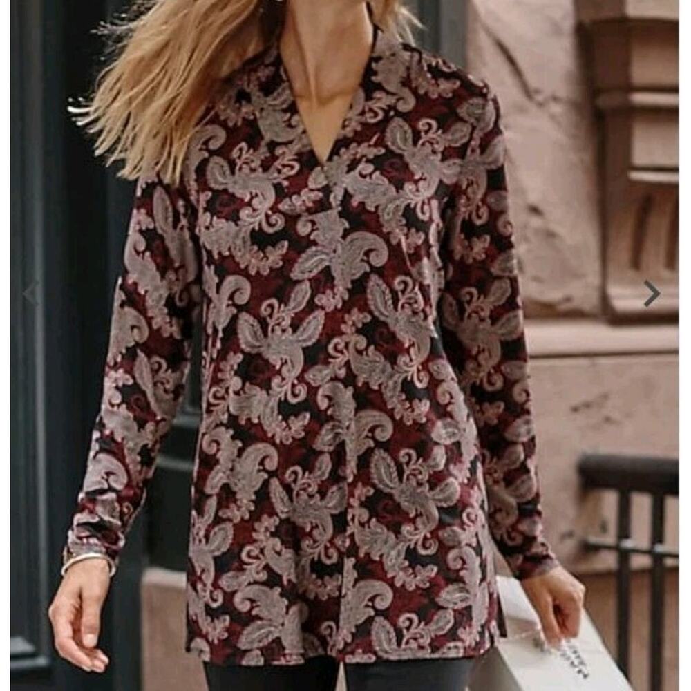 NEW J Jill Wearever Crossover V-neck Tunic Top Size L Black Illuminated Paisley